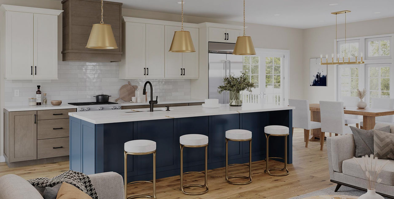 kitchen with a navy island