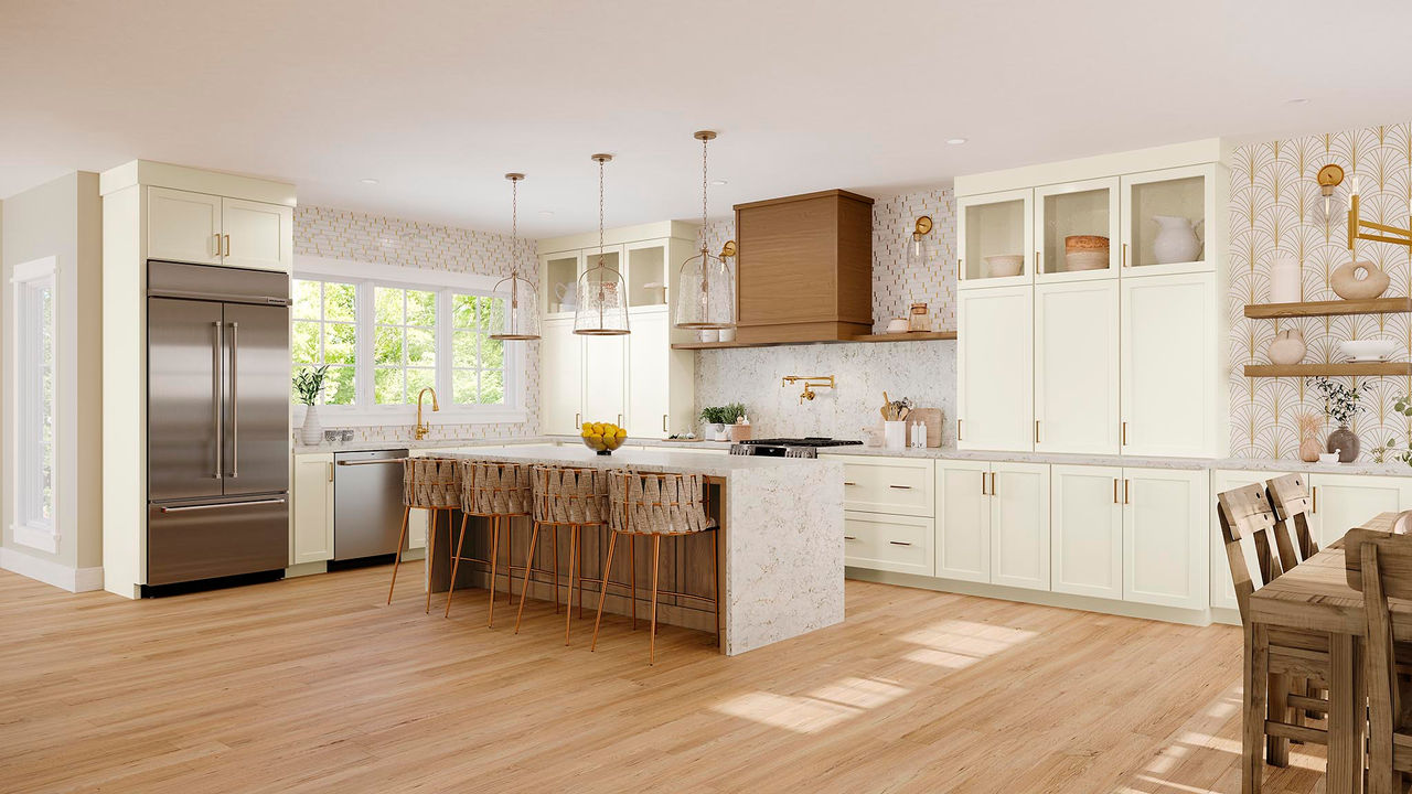 Kitchen with painted and cherry wood cabinets