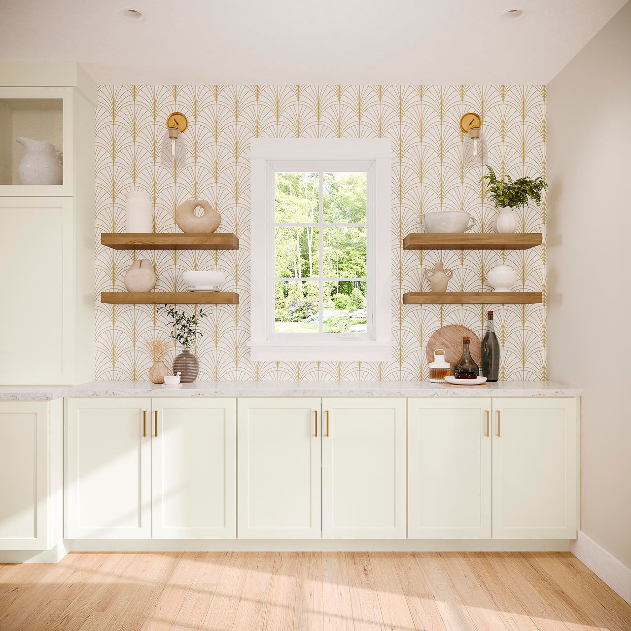 Painted vanilla cabinets with cherry amber shelves